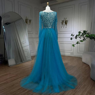 Blue Serenity: 2024 Muslim Elegant Mermaid Evening Dress with Overskirt - Beaded Gown for Women's Wedding Party