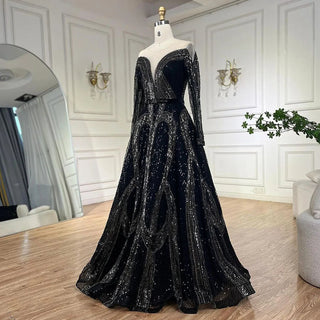 Elegant Arabic Black A-Line Evening Gown with Shiny Beaded Detailing For Women’s Wedding Party 2024