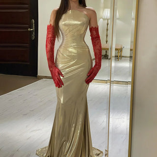 2024 Arabic Elegant Gold Strapless Mermaid Luxury Dubai Evening Gown for Women's Party