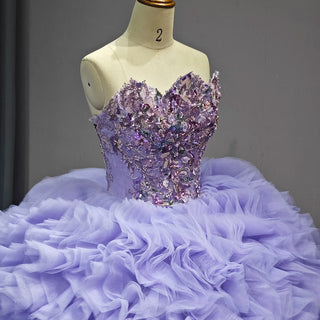 Elegant Purple Ruched Sequins Beaded Puffy Quinceañera Gown