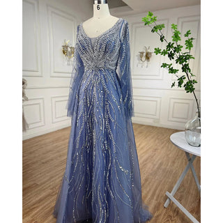 Ships in 1 to 3 Days - 2024 Blue A-Line Evening Gown: Arabic-Inspired Beaded Detail with Long Sleeves for Women's Wedding Celebrations