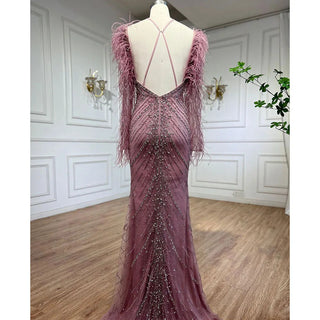 Pink Feathers Mermaid Elegant Long Evening Dress 2024 - Luxury Dubai Gowns for Women's Wedding Party