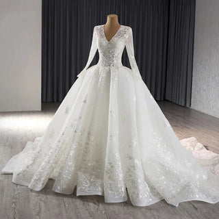 Elegant V-Neck Embroidered Wedding Dress with Long Tail for Girls