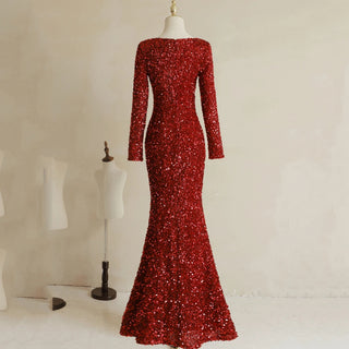 V-Neck Sequin Trumpet Evening Dress with Long Sleeves - Mermaid Formal Gown for Women