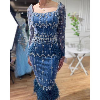 Luxury Crystal Feathers Dubai Evening Dress: Elegant Blue Lace Midi Arabic Party Attire for Women's Wedding