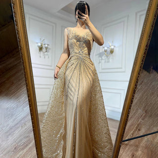 Gold O-neck Long Sleeves Mermaid Beaded Overskirt Evening Dresses Formal Party Gowns For Women 2023