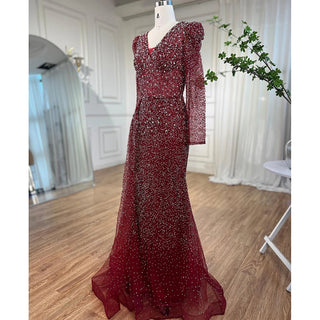 Muslim Designer Luxury Wine Red Mermaid Evening Dress with Elegant Beaded Detail - Women's Wedding Party Gown 2024