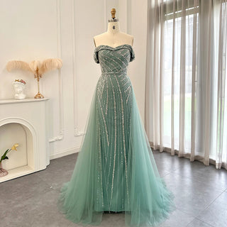 Elegant Off-Shoulder Sage Green Evening Dresses with Overskirt: 2024 Luxury Dubai Gowns for Women's Wedding and Formal Parties