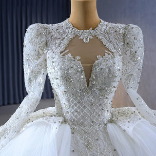 Luxury High Neck Long Sleeve Bridal Puffy Wedding Gown