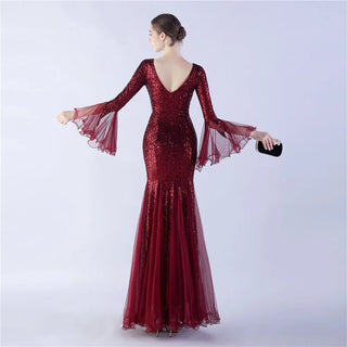 Elegant V-Neck Floor-Length Trumpet Prom Dress with Sequins for Wedding Party