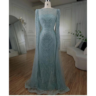 Ships in 1 to 3 Days - Turquoise Cape Sleeves Luxury Beaded Mermaid Arabic Evening Dress Gown for Women Wedding Party 2024