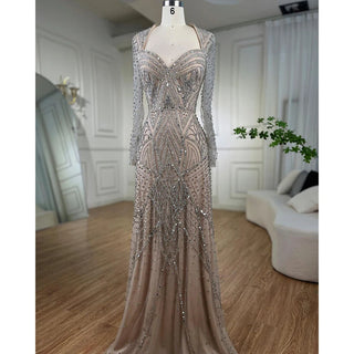 Ships in 1 to 3 Days - Arabic Silver Nude Long Sleeves Beaded Dubai Mermaid Evening Gown 2024: Elegant Party Dress for Women