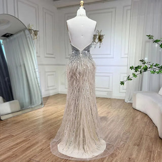 Luxury Beaded Feather Beige High Split Mermaid Evening Gown - Backless - Women's Party 2024