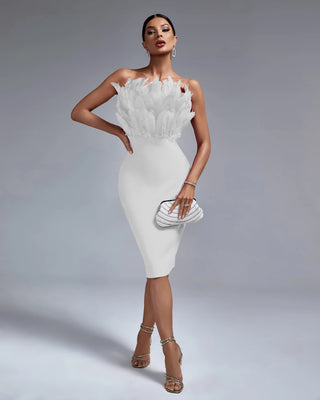 Elegant Slim Fit Strapless Midi Feather Cocktail Dress - Evening Bandage Dress for Women