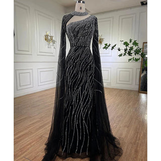 Black Mermaid Elegant Cape Sleeves Beaded Luxury Evening Dress Gown for Women's Arabic Party 2024