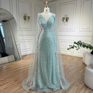 Arabic Turquoise Mermaid Dubai Evening Dress with Elegant Luxury Beaded Cape Sleeves for Women's Party 2024