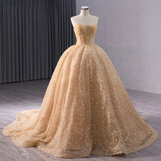 Elegant Golden Strapless Sequins Flower Ball Gown Evening Dress