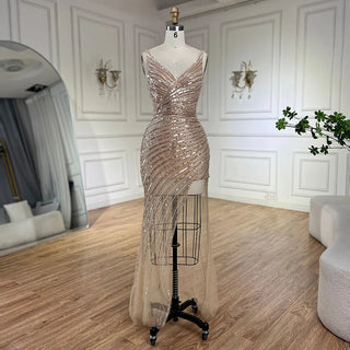 2024 Gold Mermaid Spaghetti Strap Side Slit Beaded Luxury Evening Dresses Gowns for Women Wedding Party