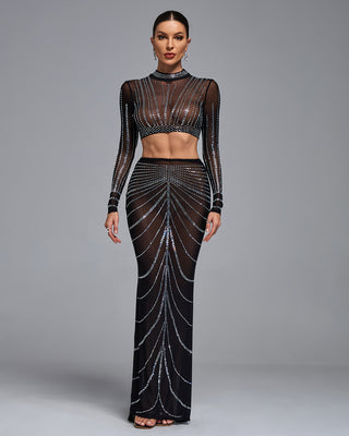 Ships in 1 to 3 Days - Sheer Black Two-Piece Gown with Glittering Rhinestone Accents