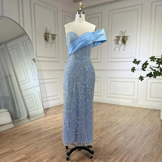 2024 Arab Blue One-Shoulder Mermaid Evening Dress - Luxury Gown with Beaded Detail for Women's Party