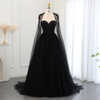 Gothic Black Tulle Arabic Evening Dress with Cape Sleeves Elegant Women 2024 Luxury Dubai Formal Party Gowns