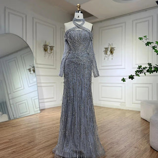 Ships in 1 to 3 Days - 2024 Arabic Gray Decorative Halter Mermaid Luxury Dubai Evening Gown Beaded Dress for Women's Party