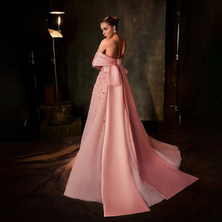 Peach Off-the-Shoulder Satin A-Line Evening Gown with Appliques – 2025 Custom Arabia Design