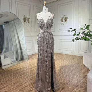 Gray Cut Out Spaghetti Straps Elegant Mermaid Evening Dresses Gowns Luxury Beaded For Woman Party 2024