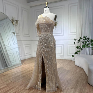 2024 Nude One-Shoulder Split Beaded Dubai Luxury Mermaid Evening Dress - Gown for Women's Wedding Party