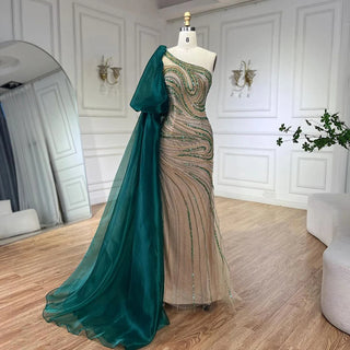 Emerald Enchantment: 2024 Green One Shoulder Mermaid Evening Gown with Long Cloak - Luxury Beaded Dress for Women's Wedding Party