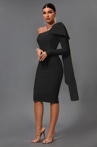 Black One-Shoulder Asymmetric Bodycon Midi Dress for Women 2024