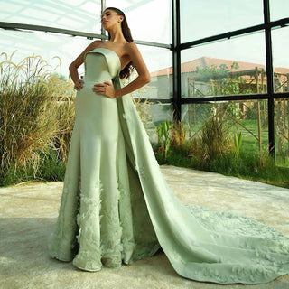 2024 Arabic Sage Green Strapless Satin A-Line Evening Gown with Luxury Crystal Appliques for Formal Occasions