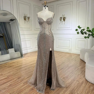 Arabic Nude High-Slit Spaghetti Strap Beaded Mermaid Evening Gown for Women - Wedding Party 2024