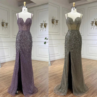 Purple Spaghetti Straps Mermaid Beaded Party High Split Evening Dress - Gown for Women's Wedding Party 2024