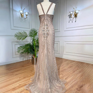 Caramel Mermaid Sexy Spaghetti Straps Beaded Luxury Evening Dress - 2024 Collection.