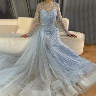 2024 Arabic Blue Mermaid Evening Gown with Beaded Detailing and Overskirt - Elegant Long Dress for Formal Occasions