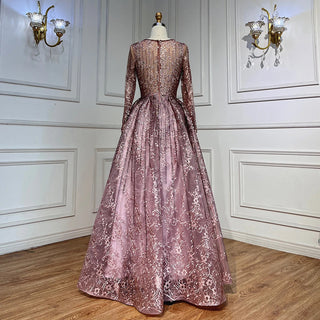 Ships in 1 to 3 Days - Pink Muslim A-Line Long Sleeves Evening Dress: Arabic Luxury Beaded Gowns 2024 for Women Wedding Party