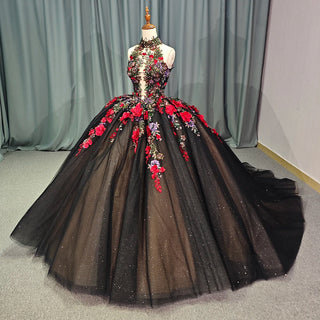 Generous Black Appliquéd Flower Ball Gown Quinceañera Party Dress