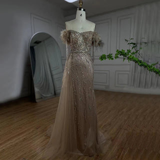 Arabic Dubai Nude Mermaid Evening Gown 2024: Boat Neck, Beaded Tassel Luxury for Women's Wedding Party