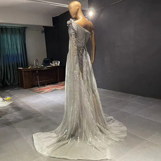 Grey Luxury Beaded A-Line Evening Dress with One Shoulder Cape Sleeve - Women's Party Gown 2024