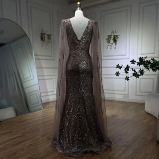 2024 Caramel Mermaid Cape Sleeves Beaded Sequined Luxury Dubai Evening Dresses Gowns for Women Wedding Party