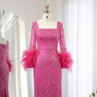 Arabic Fuchsia Luxury Dubai Evening Dresses Feathers Long Sleeves Straight Muslim Women Wedding Party