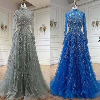 Muslim Elegant Blue A-Line Beaded Luxury Dubai Evening Dresses Gowns For Women Wedding Party 2024