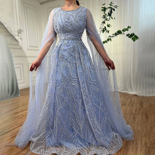 Blue Muslim A-Line Evening Dress 2024 with Cape Sleeves, Beaded Luxury - Ideal for Women's Wedding Party