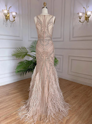 Nude Luxury Mermaid Evening Dress 2024 - Beaded Feather Gown for Women's Wedding Party