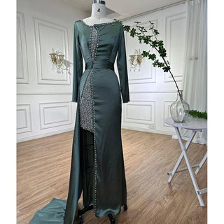 Arabic Sage Mermaid Muslim Evening Dress: Luxury Dubai Crystal Formal Party Gown for Women's Wedding