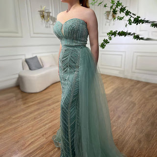 Ships in 1 to 3 Days - Arabic Turquoise Mermaid Evening Gown 2024: Sexy High Split, Beaded, for Women's Wedding Party