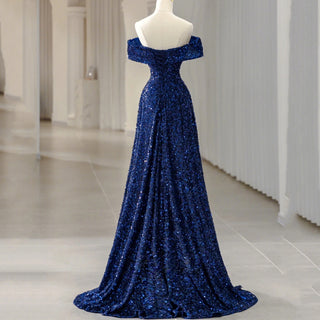 New Blue A-Line Prom Dress with Sequins and Off-Shoulder Design