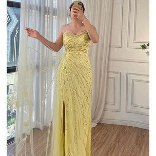 Yellow Mermaid Sexy High Split Evening Gown: One Shoulder Beaded Elegance for Women's Wedding Party 2024