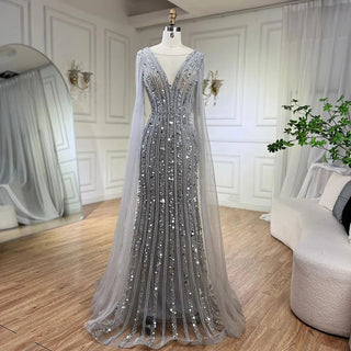 Arabic Charcoal: 2024 Gray Mermaid Evening Dress with Elegant Cape Sleeves - Luxury Beaded Gown for Women's Wedding Party